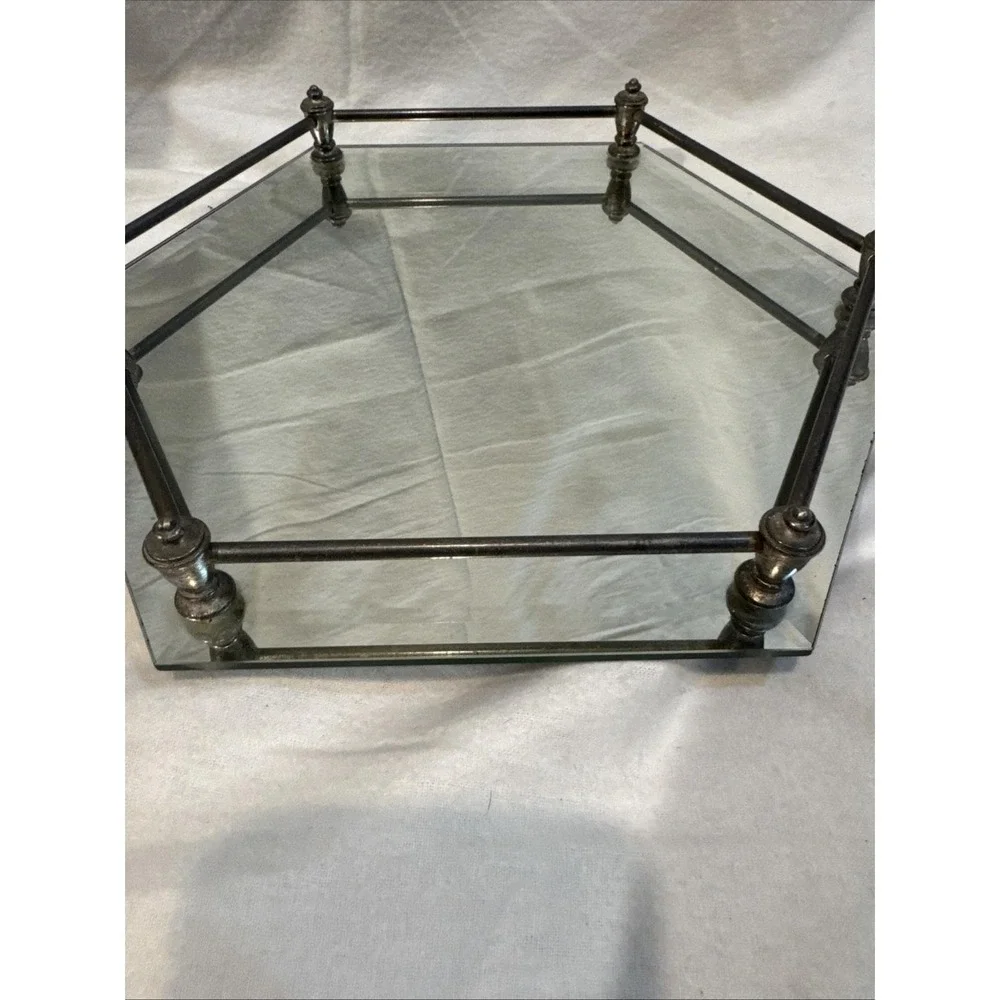 Vintage Hexagon (6 Sided) Vanity Tray Beveled Edge Mirrored‎ Brass 12